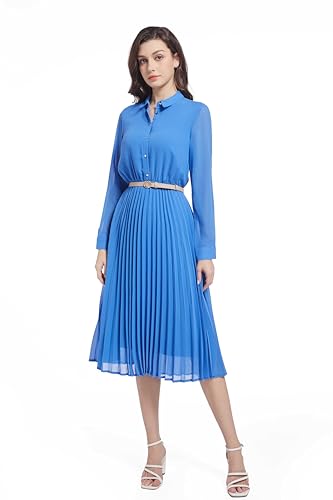 Image of Business Casual Shirt Dress for Women Long Sleeves Pleated Midi Dresses with Belt