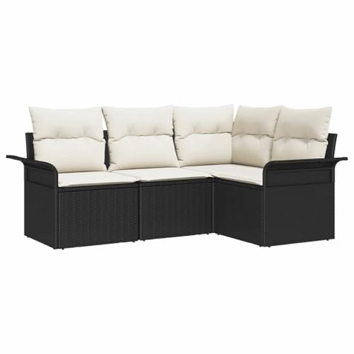 vidaXL Gartensofa-Set mit Kissen 4 pcs Schwarz Poly-Rattan, Modularer Garten-Sofaset, leicht, UV-beständig, stylische Terrassensitzmöbel mit Stauraum