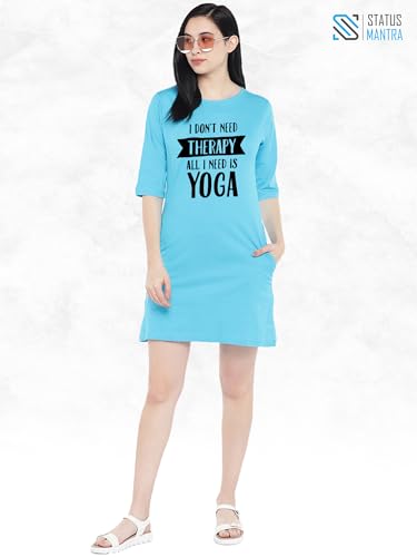 Image of STATUS MANTRA Women's Long T-Shirt Dress - Cotton Casual Knee Length Dress with 3 /4 Sleeves | Soft Bio-Washed Fabric, Crew Neck, Relaxed Fit | Comfy Summer Lounge Wear