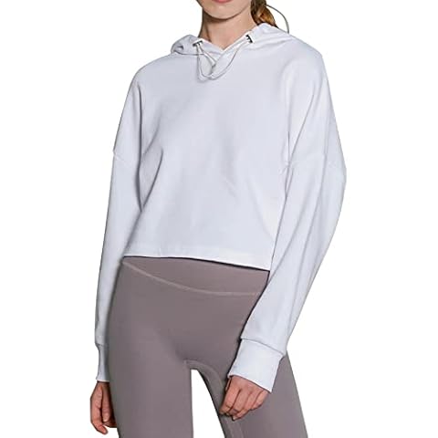 PEHMEA Women's Long Sleeve Cropped Hoodie Casual Workout Hooded Sweatshirt Pullover, White, Large Cover