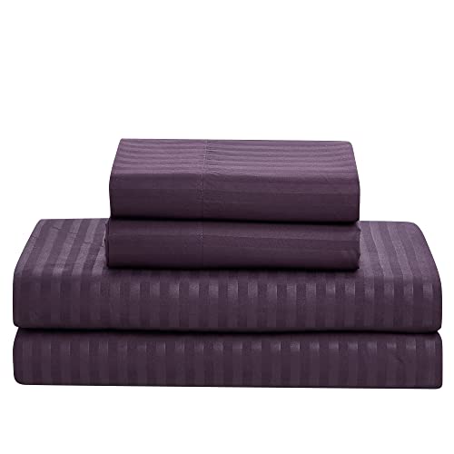 Image of Sweet Home Collection 8 Piece Comforter Set Bag Stripe Design, Bed Sheets, 2 Pillowcases, 2 Shams Down Alternative All Season Warmth, King, Dobby Purple