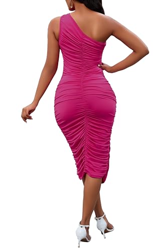 Image of Womens One Shoulder Dress Sexy Ruched Bodycon Midi Party Dress Sleeveless Cocktail Wedding Guest Club Night Outfit