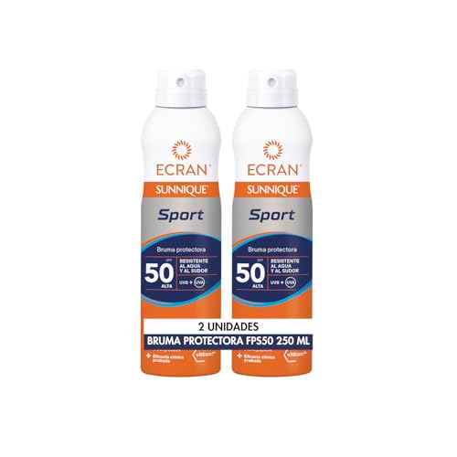 Ecran Sunnique Sport - Bruma Protectora Solar SFP 50, Protección Alta UVB, UVA, Frescor Instantáneo, Refuerza las Defensas, Muy Resistente al Agua, para Todo Tipo de Pieles- Pack 2 x 250 ml
