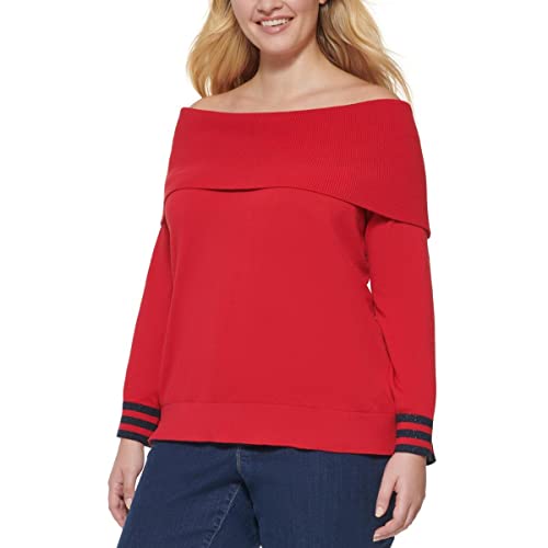 Image of Tommy Hilfiger Womens Plus Striped Hem Cowl Neck Pullover Sweater Red 1X