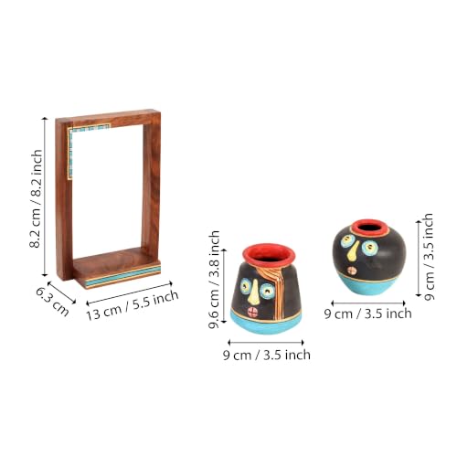 Image of AAKRITI ART CREATIONS Handcrafted Sheesham Wood Wall Shelves with Terracotta Pots for Home Decor | Wooden Floating Shelf | Living Room Decoration | Indian Handicraft