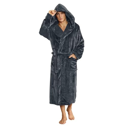 U2SKIIN Mens Fleece Hooded Robe Plush Bathrobe (Dark Grey, L/XL)