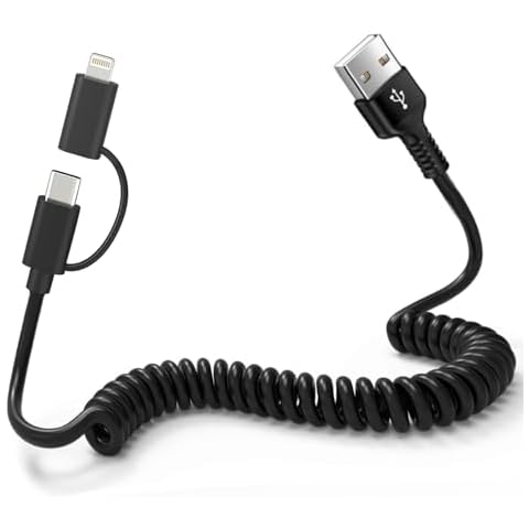 USB to USB C and Lightning Cable - Support Apple Carplay & Android Auto Cable [MFi Certified] 3A Fast Charge & Data Sync Coiled Dual Lightning and USB C Cable 2 in 1 for iPhone 16/15/14/13/12/Android Cover