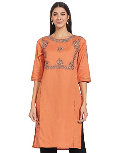 Image of W for Woman Women's Cotton Blend Straight Fit Embroidered Straight Kurta