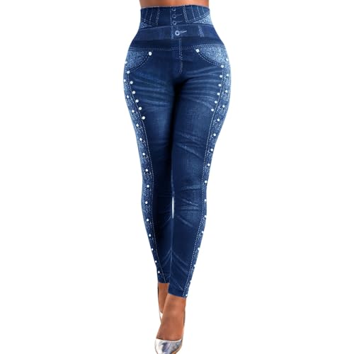 DDAPJ pyju Denim Print Leggings for Women Fake Jeans Seamless Full Length Tights High Waist Jeggings Workout Yoga Pants