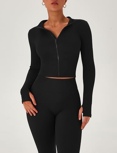 OLCHEE Womens Workout Sets 2 Piece Seamless Ribbed Long Sleeve Yoga Outfits High Waist Leggings Zipper Jacket Thumb Hole Gym4