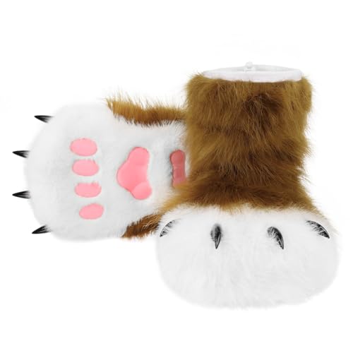 Image of Animal Fuzzy Slippers Bear Cat Wolf Dog Fox Fursuit Feet Paw Claw Shoes Furry Boots Costume Accessories for Adult Kids