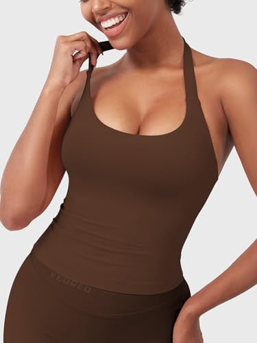 Image of YEOREO SoftHue Women's Impact Halter Tank Top Longline Backless Scoop Neck Built-in Bra Sports Workout Gym Crop Top