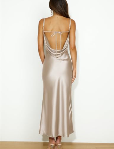 Image of Summer Satin Spaghetti Strap Cowl Neck Backless Midi Dresses for Women Elegant Tie Low Back Ruched Cocktail Dress