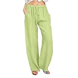2026 Pantalones de Lino Mujer, Cintura Alta Mujer Boho Verano Casuales Pierna Ancha Pantalones con Bolsillos Salón Cordón Elástico Cintura Suelta Cómodo Pantalones Causal Playa con Bolsillos