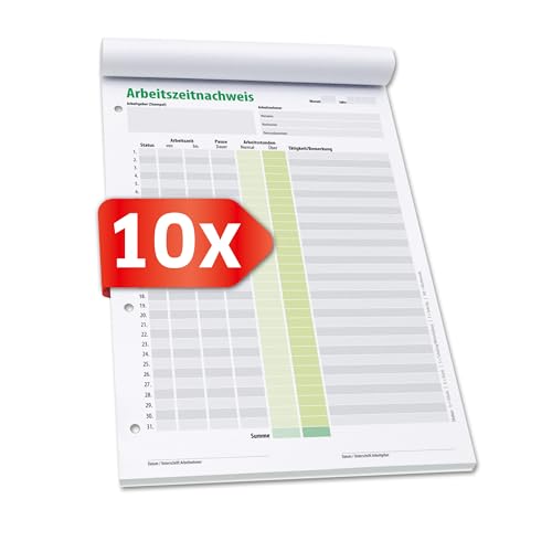 PRIMUS PRINT – Arbeitszeitnachweis Schreibblock A4 – Monatliche Arbeitszeiterfassung für 31 Tage – Stundennachweis für Minijob und Vollzeit – 50 Blatt, am Kopf geleimt mit Rückenpappe [10 x Block]