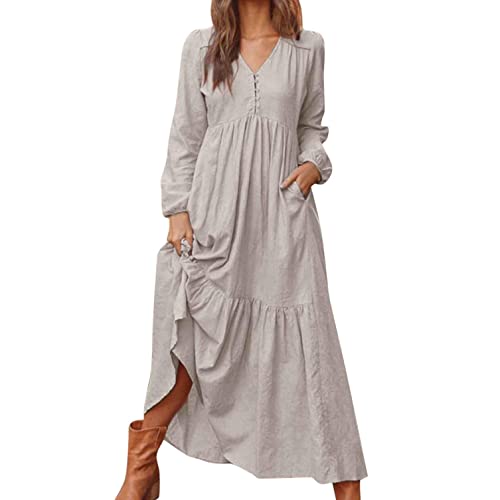 Generic Leinenkleid Damen Leinenkleider Lang Langarm Maxikleid Baumwoll Leinen Kleid Boho Sommerkleid Strandkleid Einfarbig Locker Kaftan Langes...