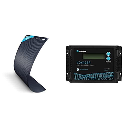 Renogy Solar Panel 100W 12V Lightweight Semi Flexible Black Division Monocrystalline Bendable Mono Off-Grid Charger and Renogy Voyager 20A 12V/24V PWM Waterproof Solar Charge Controller Bundle