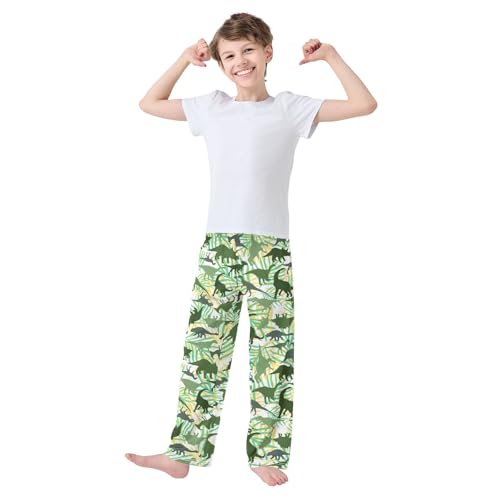 Dinosaur Palm Leaf Boys Long Pants Soft Trousers Elastic Waist Kids Lounge Bottoms with Pockets S-XL2