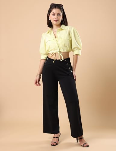 Image of FYLTR Women's Classic Wide Leg Trousers with Side Button-up Design | Mid-Rise | Trouser Pants for Women