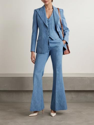 Denim Suits for Women 3 Piece Set V Neck Blazer 1 Button Top Womens Suit Casual Wide Leg Pant Suits for Women Dressy2