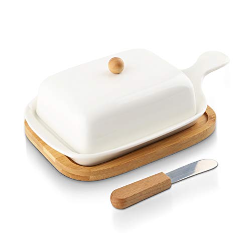 COAWG Mantequillera de Cerámica con Tapa, Cuchillo de Mantequera - Diseño de la Manija, Bandeja de Madera de Bambú Antideslizante - Adecuado para Mantequilla/Queso,Apto para Lavavajillas(blanco)