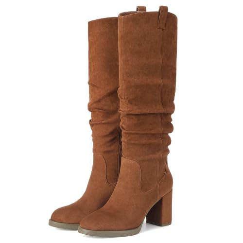 Pasuot Suede Knee High Boots for Women - Dark Brown Tall Chunky High Heel Dress Boot with Side Zipper, Round Toe Ruched Slouch Block Long Boots for Ladies, Stylish Fall Boot for Work, Party Size 8.5 by Pasuot - Used condition - Image 5