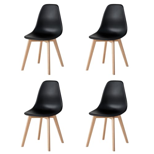 GrandCA HOME Lot de 4 Chaises de Salle à Manger, Chaises de Cuisine Scandinaves, Pieds en Bois de Hêtre Massif, pour Salon, Salle à Manger, Noir