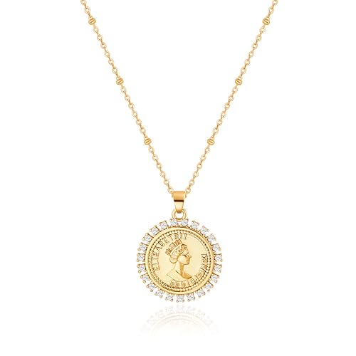 Aobei Pearl Queen Elizabeth Portrait Medallion Pendant Necklace for Women 18K Gold Satellite Chain Choker CZ Halo Round Circle Disc Coin Charm Layering Jewelry
