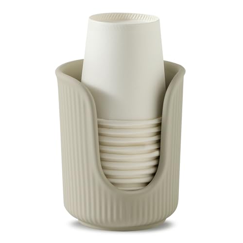 Ceramic Bathroom Cup Dispenser with Stylish Vertical Stripes - Disposable Mouthwash Cup Holder Holds 3-4oz Paper Cups for Rinsing Cups on Bathroom Vanity Countertops (Matte Beige)