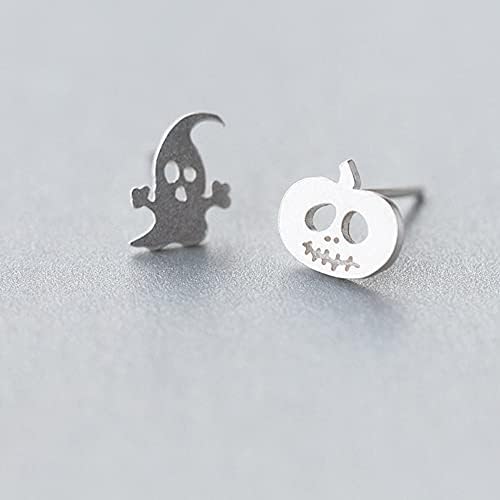 Pumpkin Ghost Stud Earrings S925 Sterling Silver for Little Girls Women Minimalist Asymmetric Small Cartilage Earring Studs Hypoallergenic Cute Jewelry Christmas Halloween Gifts BFF