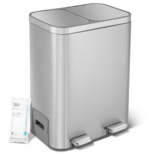 Image of Home Zone Living 13 Gallon Kitchen Trash Can with Dual Compartments | Stainless Steel with Soft-Close Step Pedal Lids for Recycling and Bag Storage Drawer, Rectangular Design, Silver