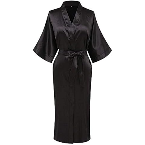 VIKEY Women's Satin kimono Robes Long Silky Bathrobes Bridesmaid Wedding Party Robe Full Length Sleepwear with Pockets Black Medium Cover