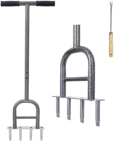 Lawn Coring Aerator, 4 Corer Plug Aerator Tool with Soft Rubber Grip, Manual Grass Aerating Tool, Garden Tool & Cleaning Hand Tool for Loosening Soil and Improving Lawn Health