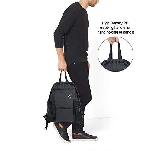 Beegreen Black Drawstring Backpack Bag Large 18" L X 15" W Gym Sports String Cinch Bag Athletic Sackpack With Zipper Pockets And Mesh Water Bottle Holders For Teens Women And Men #TOP5