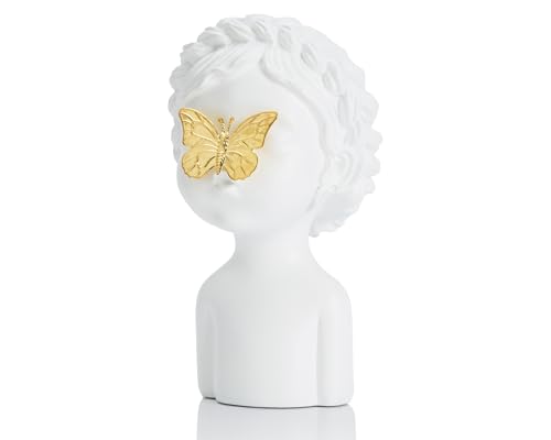 Artconal White Girl Bust Statue with Golden Butterfly, Interactive Decor