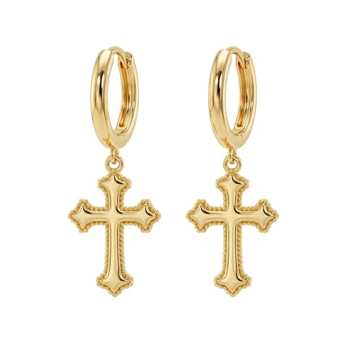 MEVECCO Tiny Cross Hoop Earrings 14K Gold Plated Dainty Minimalist Simple Faith Cross Dangle Huggie Earrings For Women Jewelry Gift, 10 millimeters, Brass, No Gemstone