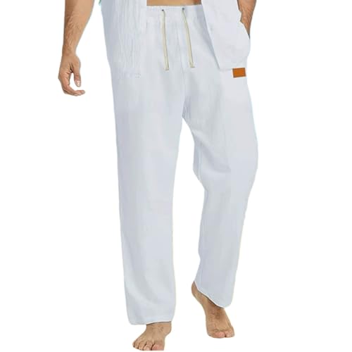 Men's Beach Pants Casual Loose Breathable Elastic Drawstring Waist Pants Straight Leg Solid Color Trousers