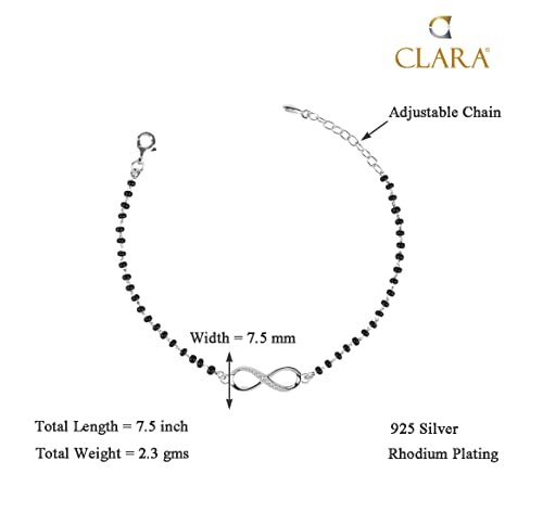 Clara Womens 925 Sterling Silver Infinity Hand Mangalsutra Bracelet | Black Beads, Rhodium Plated | Gift For Wife