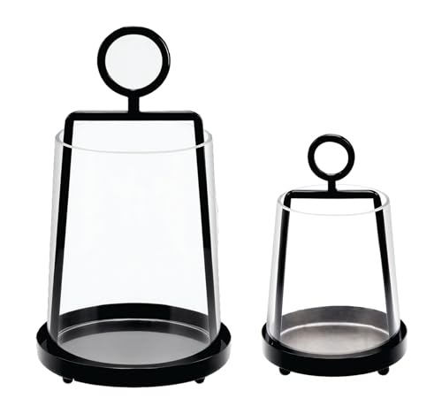 Twakutwaku Portavelas de metal moderno de 22,86 cm y 15,24 cm de ancho con funda de vidrio resistente hecha a mano en color negro para velas de pilar y plantas, linterna de huracán de cristal