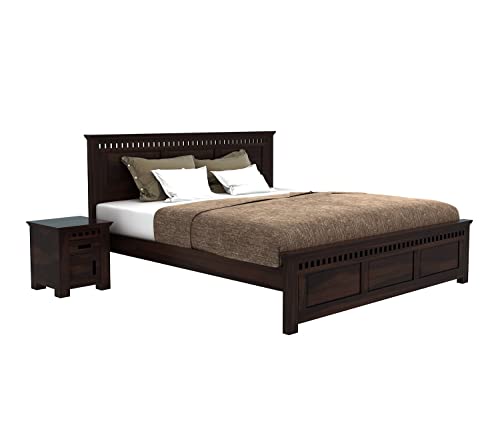 Image of Sheesham Wood King Size Bed Without Storage | Wooden Bed King Size Double Cot Palang Bed for Bedroom | Kuber Design Headboard Bed for Living Room | Walnut Finish