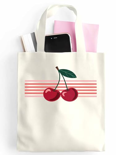 Canvas Tote Bag Red Cherry with Stripes Reusable Grocery Shopping Bag,Shoulder Tote Bags for Women Vacation Travel Work Gym2