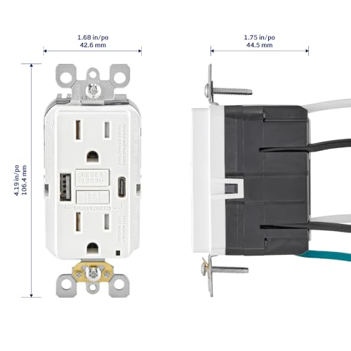 Image of Leviton 15A SmartlockPro Self-Test GFCI Combination with Type A & Type-C USB in-Wall, USB Charger for Smartphones and Tablets, GUAC1-W, White