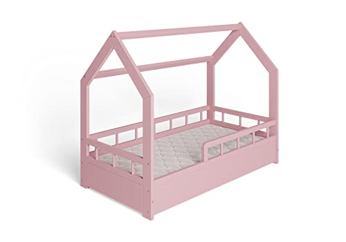 ms factory Hausbett Kinderbett 70x140 cm mit Rausfallschutz und Lattenrost - Einzelbett aus Kiefernholz für Mädchen und Junge - Rosa