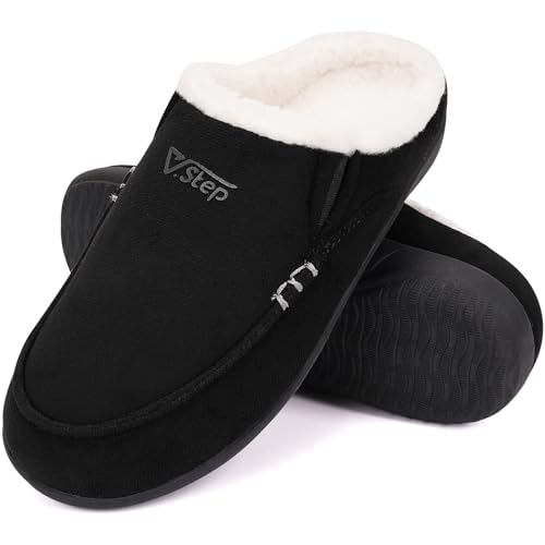 V.Step Arch Support Slippers, Moccasin Winter Orthopedic Slippers for men, Removable Wool Insole Non-Slip Sole Winter Slippers, Soft Sherpa Lining Plantar Fasciitis Slipper For Outdoor, Black UK 8