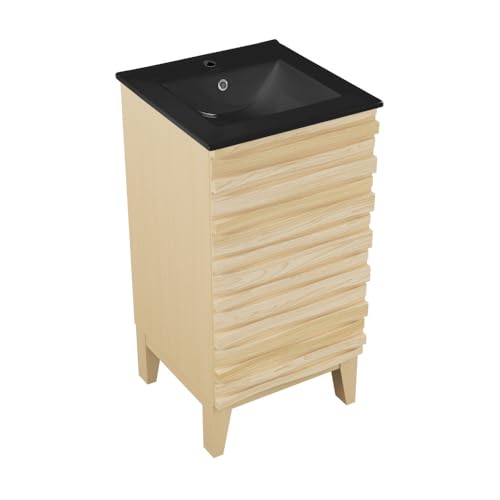 Image of Swiss Madison Cascade 18 in. Natural Oak Bathroom Vanity with Black Ceramic Sink Top