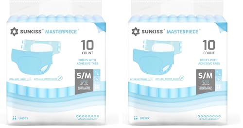 Image of SUNKISS Masterpiece Adult Diapers with Tabs, Unisex Disposable Incontinence Briefs for Women and Men, Odor Control, Blue, S /M, 10 Count (Pack of 2)