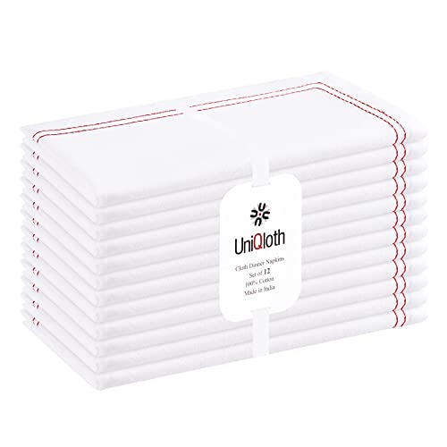 Uniqloth Set Of 12 Cloth Dinner Napkins Cotton - Soft Durable Washable Reusable Table Dinner Napkins For Hotel Restaurant Weddings Event Parties Daily Use - 18X18 White With Red Stitch Dinner Napkins #TOP29