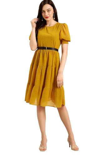 Image of Amazon Brand - INKAST Women A-Line Midi Dress | Puff Sleeves | Perfect for Casual and Semi-Formal Occasions