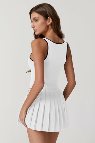 Image of QINSEN Womens Square Neck Tennis Dress Pleated Sleeveless Built in Shorts Golf Athletic Dress with Pockets