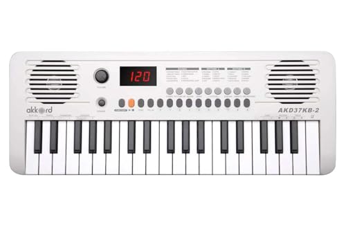 Image of Akkord 37 Keys Music Keyboard - White Edition | 20 Rhythms, 10 Tones & 10 Demos, LED Display, Portable Beginner Piano Compatible | Kids, Beginner Keyboard with USB-C Cable (Without Adapter and MIDI)